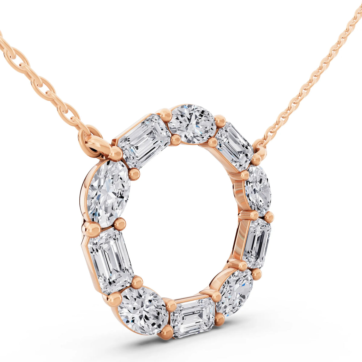Rose Gold Oval Emerald Open Circle Lab Grown Diamond Pendant, view 4