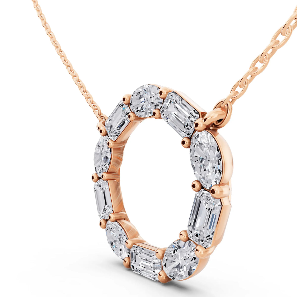 Rose Gold Oval Emerald Open Circle Lab Grown Diamond Pendant, view 5
