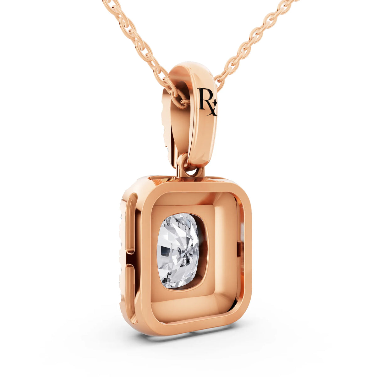 Rose Gold Cushion Lab Grown Diamond Halo Statement Pendant, view 3