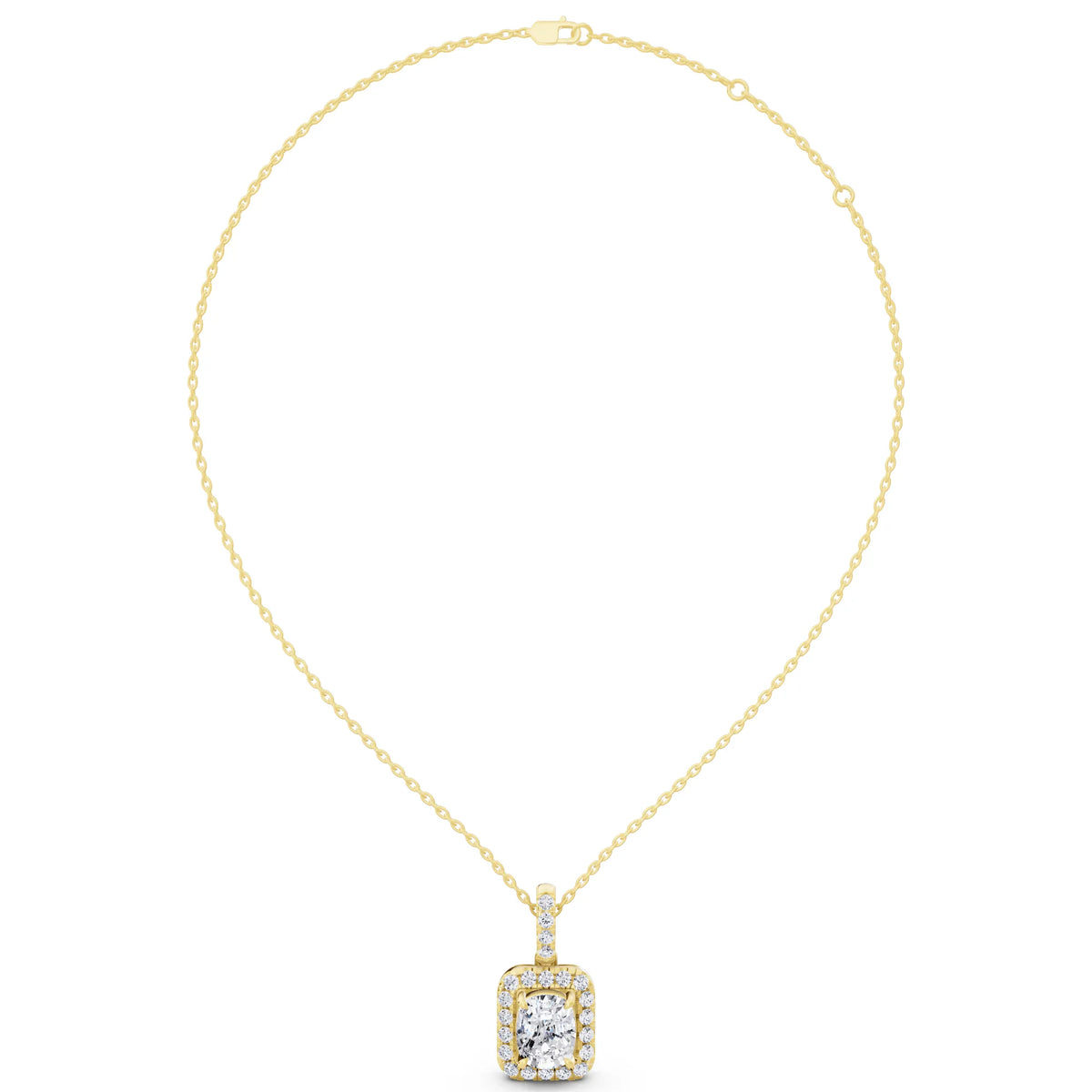 Yellow Gold Cushion Lab Grown Diamond Halo Statement Pendant, view 4