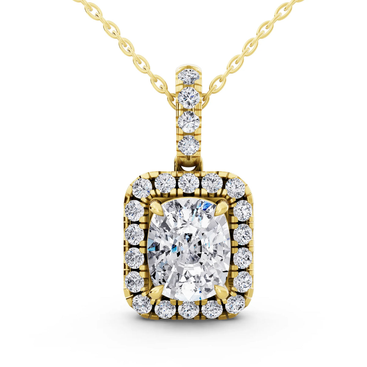 Yellow Gold Cushion Lab Grown Diamond Halo Statement Pendant