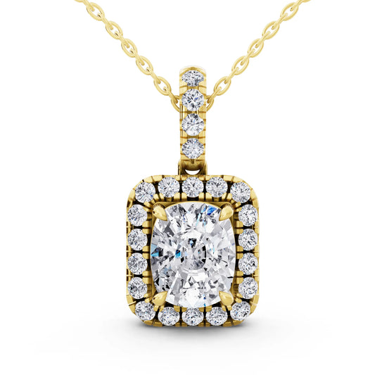 Yellow Gold Cushion Lab Grown Diamond Halo Statement Pendant