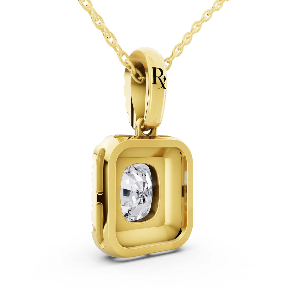 Yellow Gold Cushion Lab Grown Diamond Halo Statement Pendant, view 3