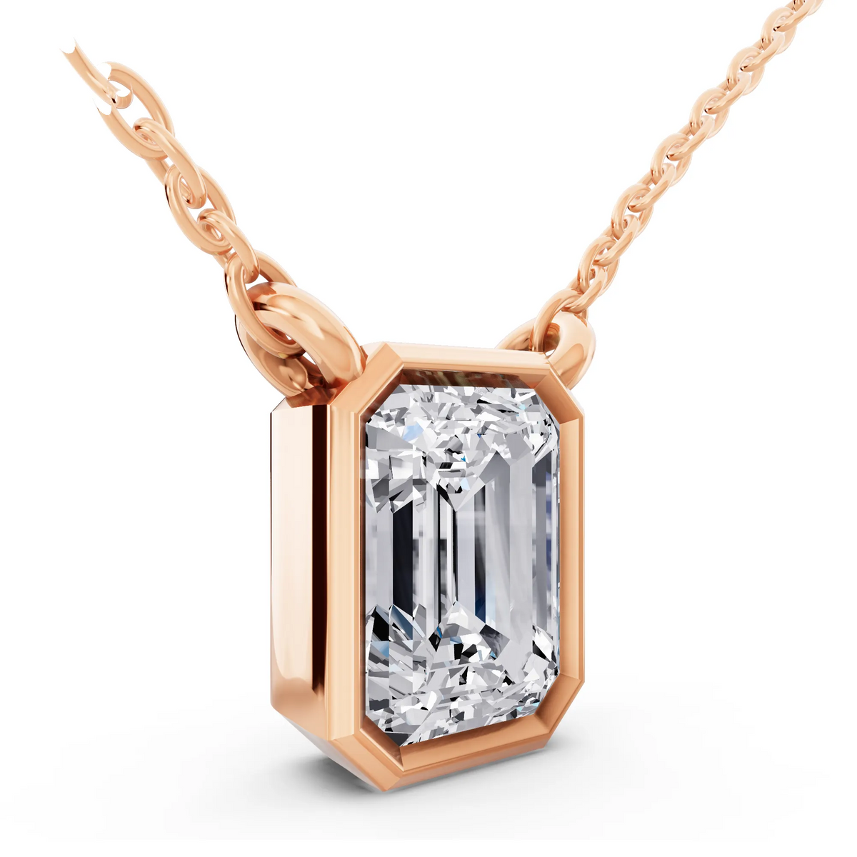 Rose Gold 1.50 Carat Emerald Lab Grown Diamond Bezel Pendant, view 2