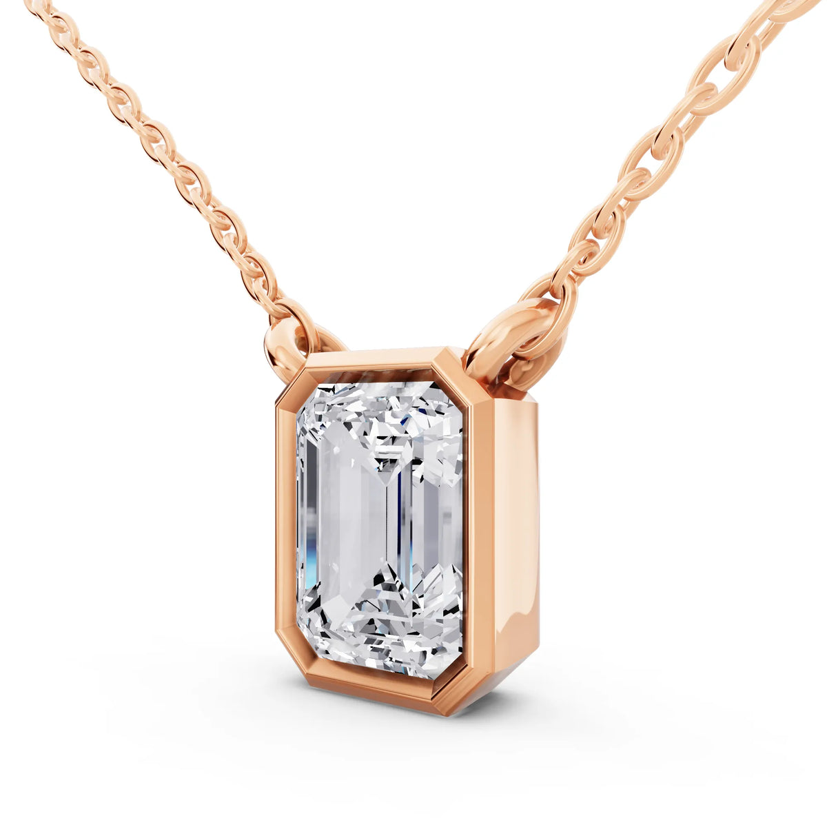 Rose Gold 1.50 Carat Emerald Lab Grown Diamond Bezel Pendant, view 3