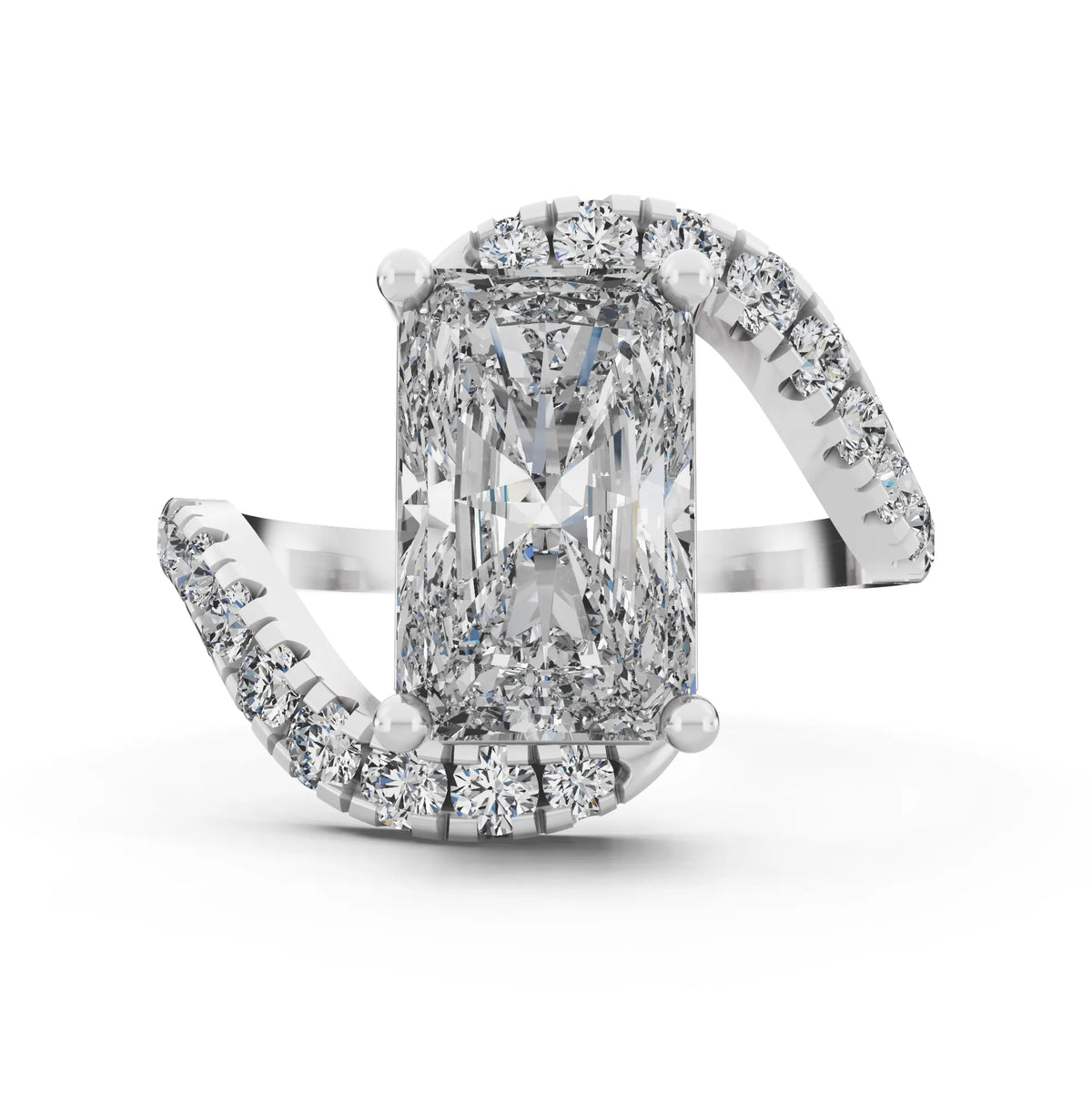 Radiant Cut Diamond Solitaire Ring with Pave Wave Band - Top down