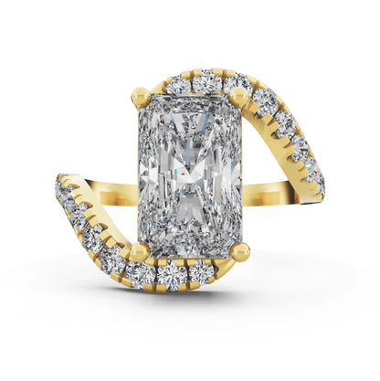 Yellow Gold Radiant Cut Diamond Solitaire Ring with Pave Wave Band - Top down