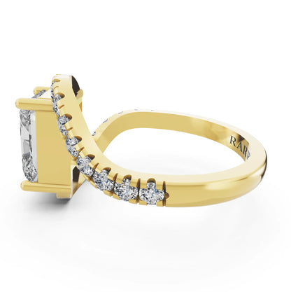 Yellow Gold Radiant Cut Diamond Solitaire Ring with Pave Wave Band - Side view