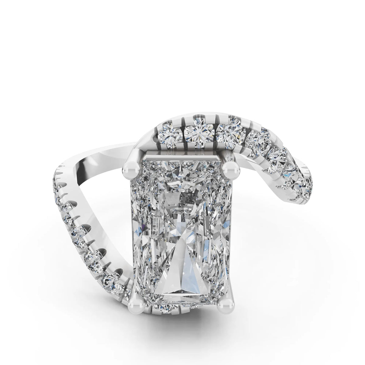 Radiant Cut Diamond Solitaire Ring with Pave Wave Band - Through