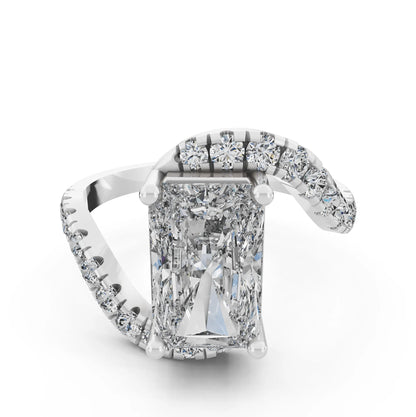 Radiant Cut Diamond Solitaire Ring with Pave Wave Band - Through