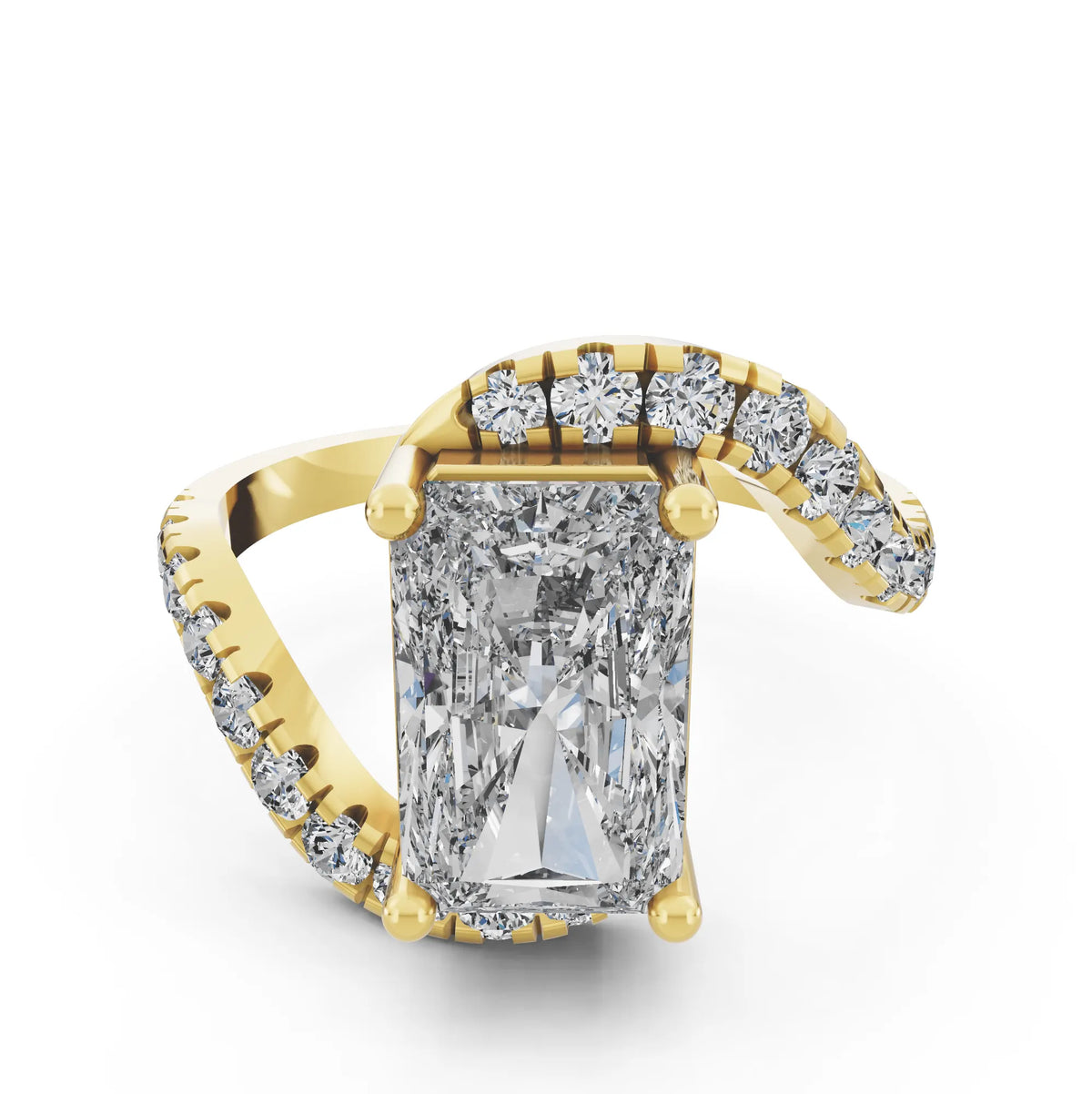 Yellow Gold Radiant Cut Diamond Solitaire Ring with Pave Wave Band - Through