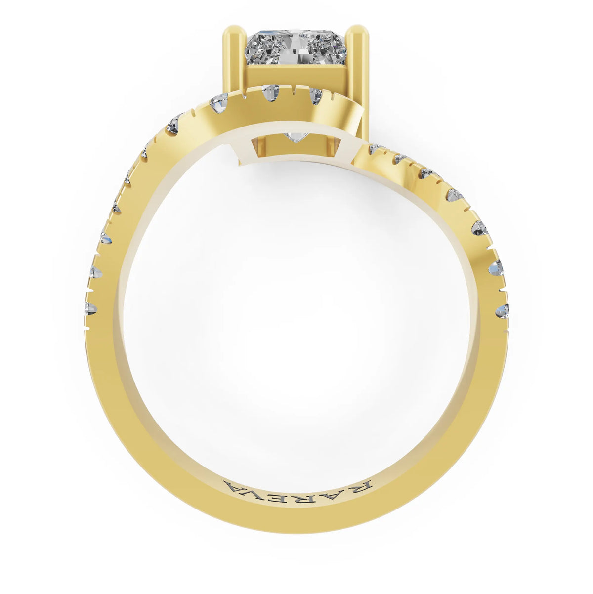 Yellow Gold Radiant Cut Diamond Solitaire Ring with Pave Wave Band - Top view