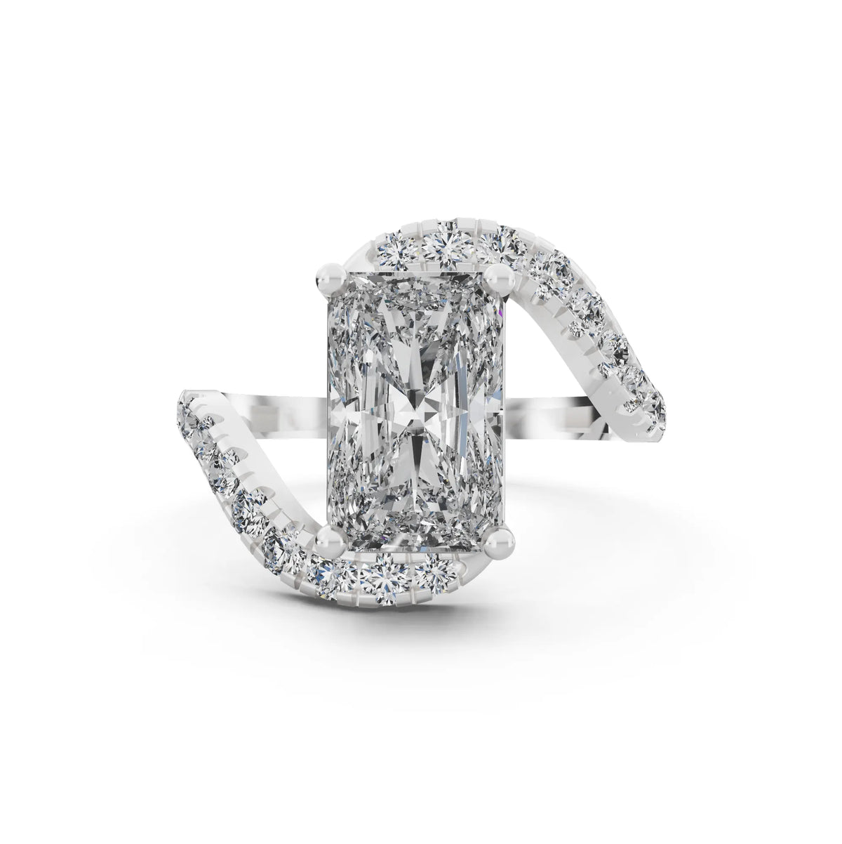 Radiant Cut Diamond Solitaire Ring with Pave Wave Band - Front