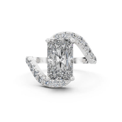 Radiant Cut Diamond Solitaire Ring with Pave Wave Band - Front