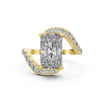 Yellow Gold Radiant Cut Diamond Solitaire Ring with Pave Wave Band - Front