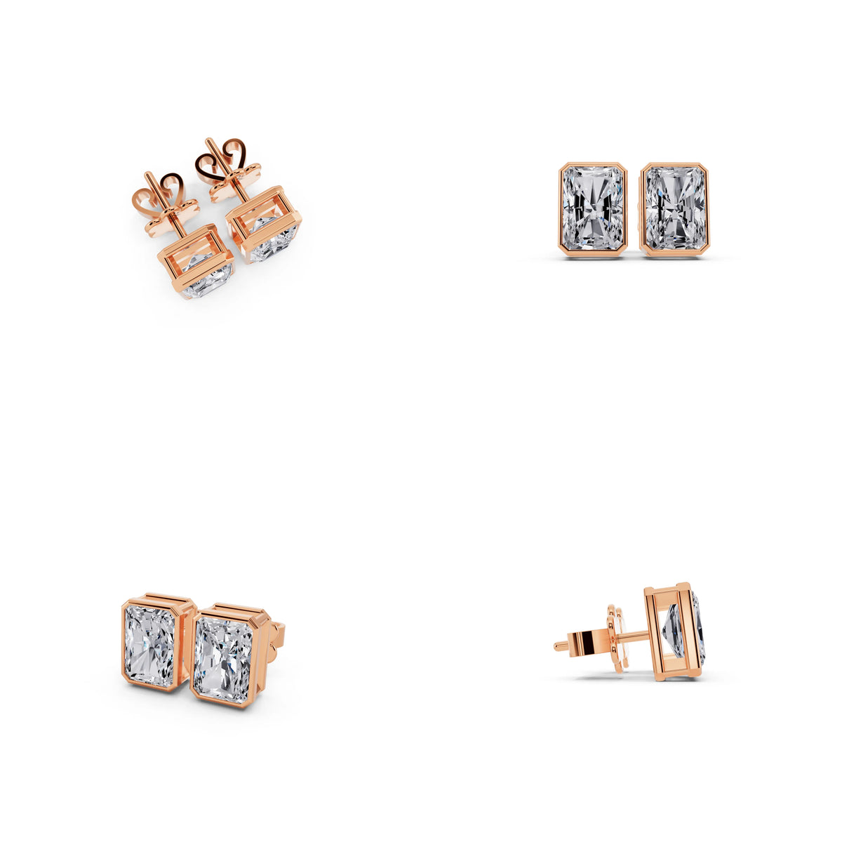 Rose Gold Bezel Radiant Lab Grown Diamond Stud Earrings, view 6