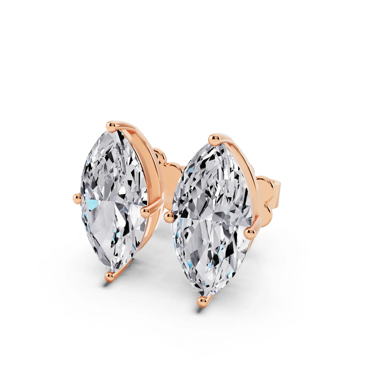 Rose Gold 4 Prong Marquise Lab Grown Diamond Stud Earrings, close-up