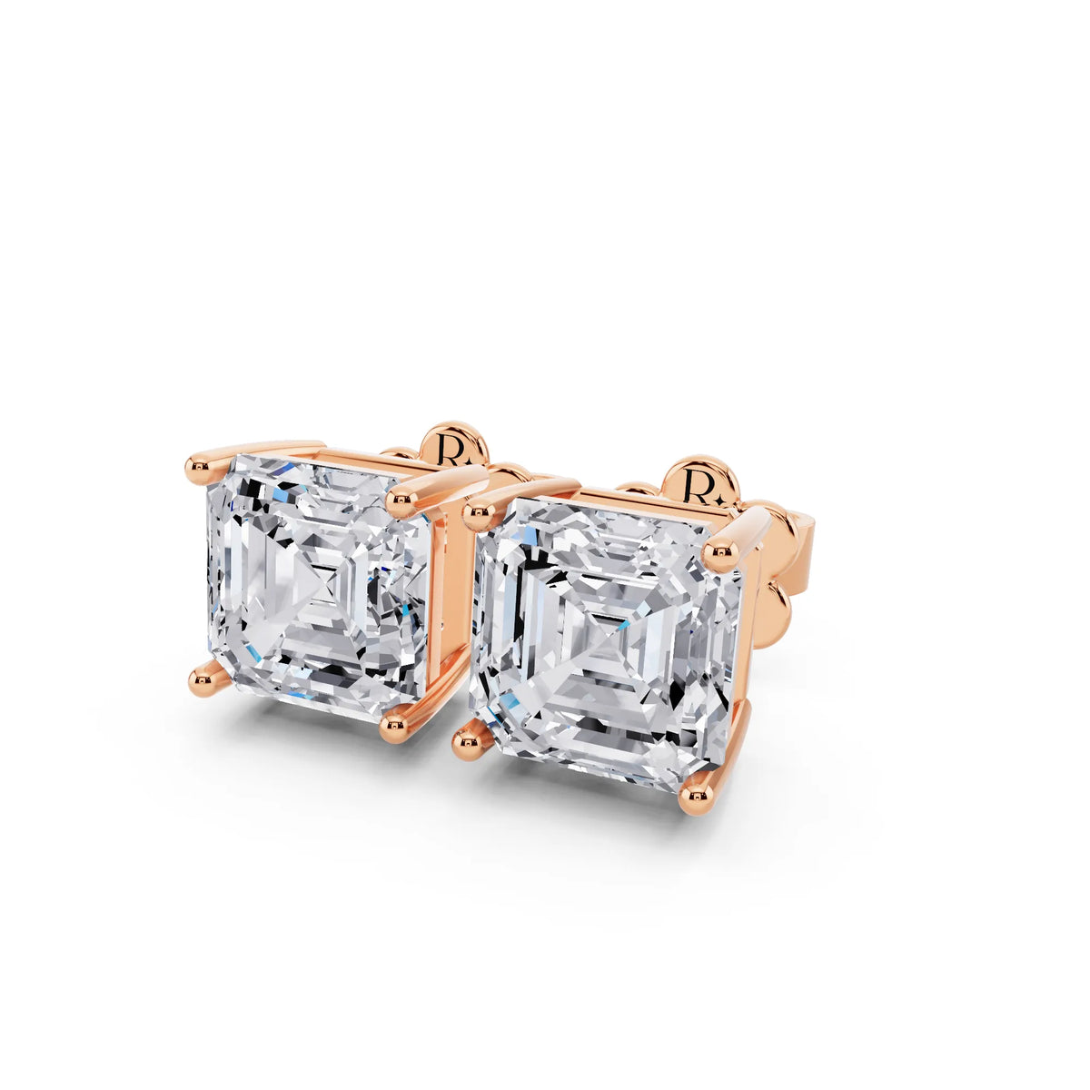 Rose Gold 4 Prong Asscher Lab Grown Diamond Stud Earrings, close-up