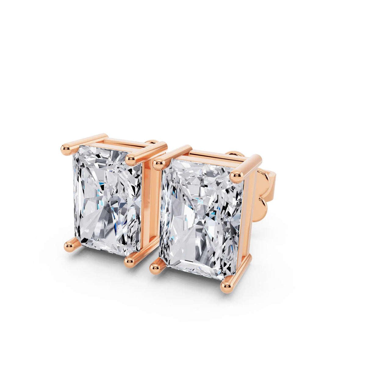 Rose Gold 4 Prong Radiant Lab Grown Diamond Stud Earrings, close-up