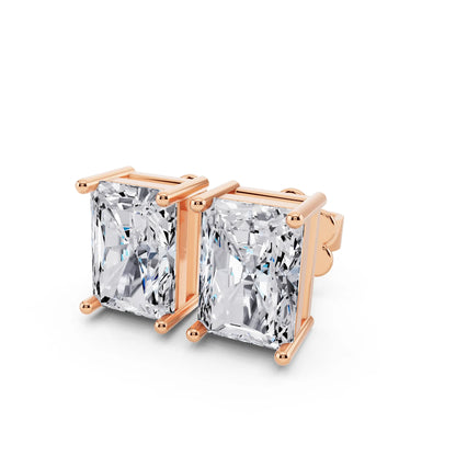 Rose Gold 4 Prong Radiant Lab Grown Diamond Stud Earrings, close-up