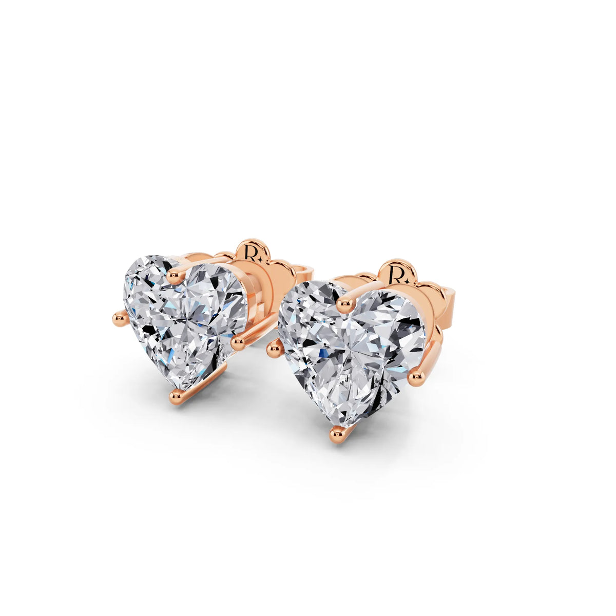 Rose Gold 4 Prong Heart Lab Grown Diamond Stud Earrings, close-up