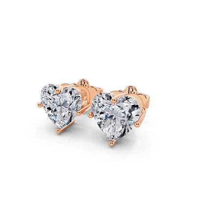 Rose Gold 4 Prong Heart Lab Grown Diamond Stud Earrings, close-up