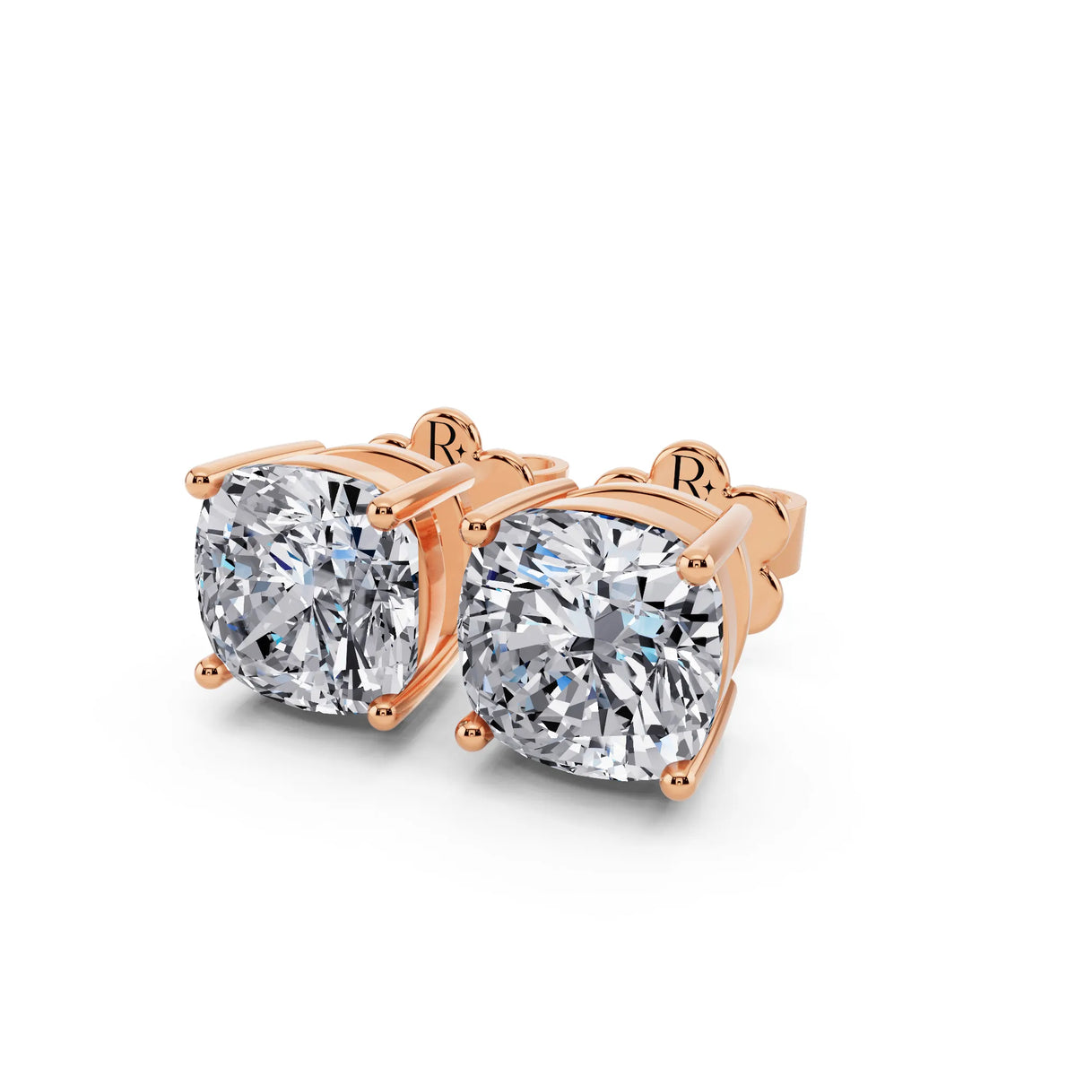 Rose Gold 4 Prong Cushion Lab Grown Diamond Stud Earrings, close-up