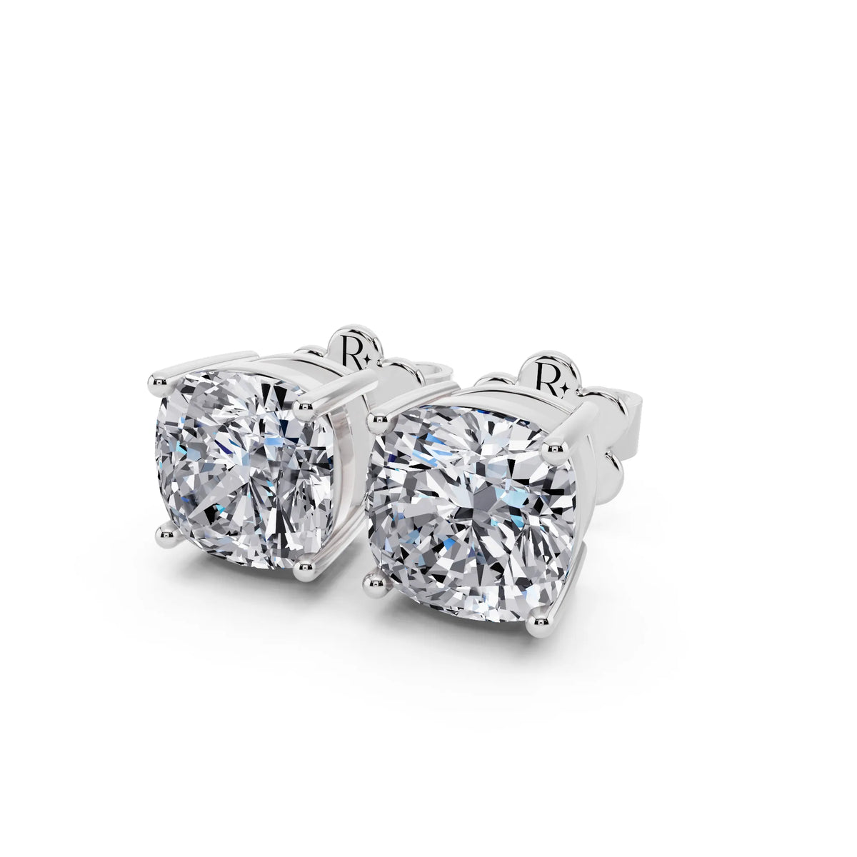 4 Prong Cushion Lab Grown Diamond Stud Earrings, close-up
