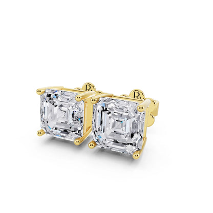 Yellow Gold 4 Prong Asscher Lab Grown Diamond Stud Earrings, close-up