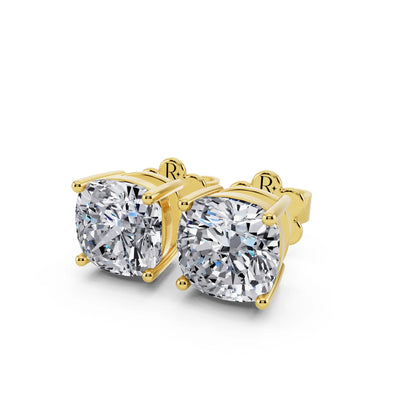 Yellow Gold 4 Prong Cushion Lab Grown Diamond Stud Earrings, close-up