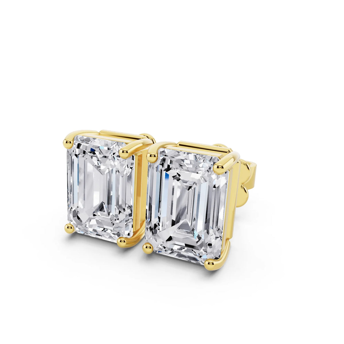 Yellow Gold 4 Prong Emerald Lab Grown Diamond Stud Earrings, close-up