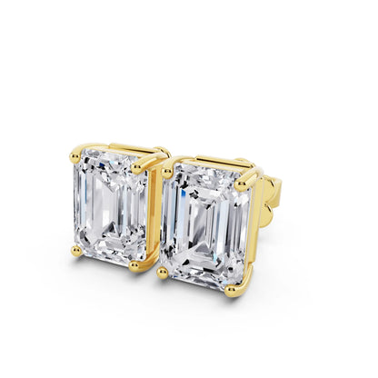 Yellow Gold 4 Prong Emerald Lab Grown Diamond Stud Earrings, close-up