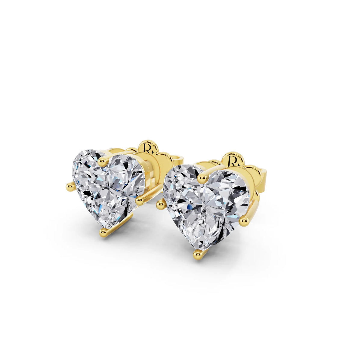 Yellow Gold 4 Prong Heart Lab Grown Diamond Stud Earrings, close-up