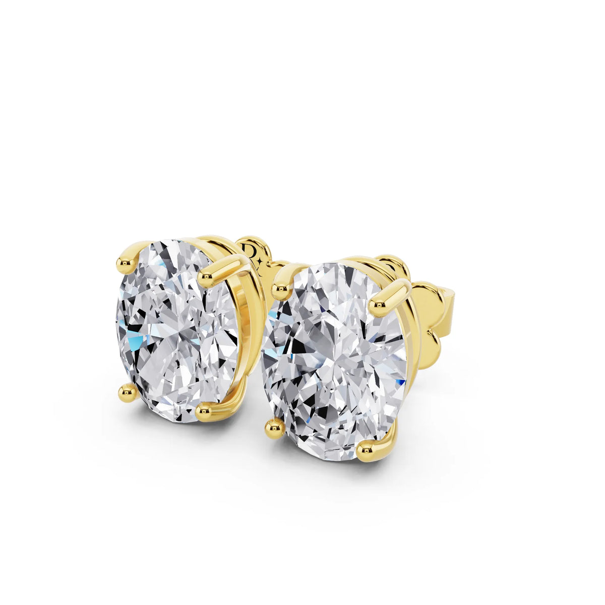 Yellow Gold 4 Prong Oval Lab Grown Diamond Stud Earrings, close-up