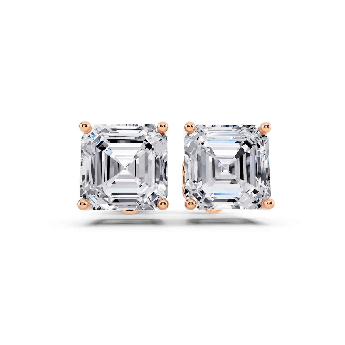 Rose Gold 4 Prong Asscher Lab Grown Diamond Stud Earrings, front view
