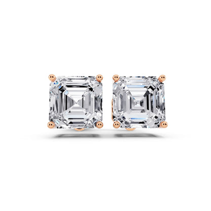 Rose Gold 4 Prong Asscher Lab Grown Diamond Stud Earrings, front view