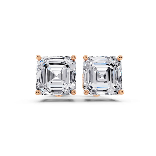 Rose Gold 4 Prong Asscher Lab Grown Diamond Stud Earrings, front view