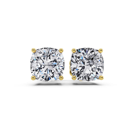 Yellow Gold 4 Prong Cushion Lab Grown Diamond Stud Earrings, front view