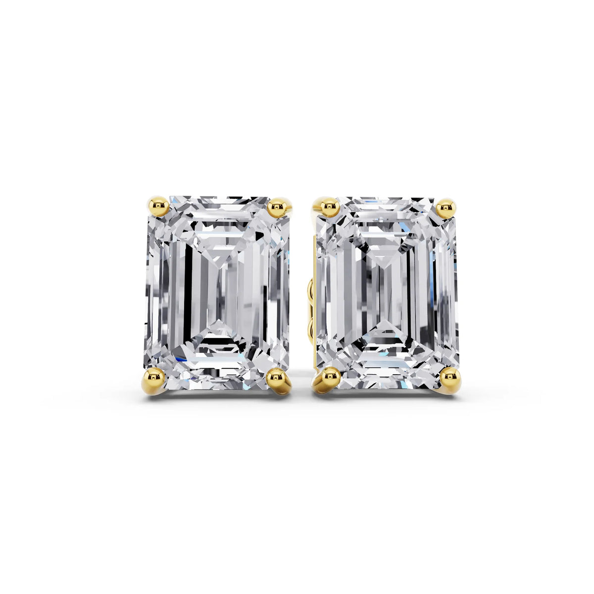 Yellow Gold 4 Prong Emerald Lab Grown Diamond Stud Earrings, front view
