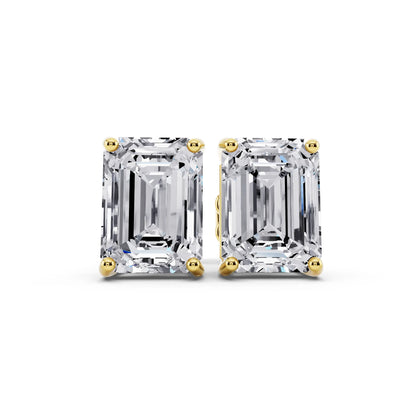 Yellow Gold 4 Prong Emerald Lab Grown Diamond Stud Earrings, front view