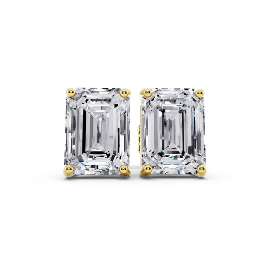 Yellow Gold 4 Prong Emerald Lab Grown Diamond Stud Earrings, front view