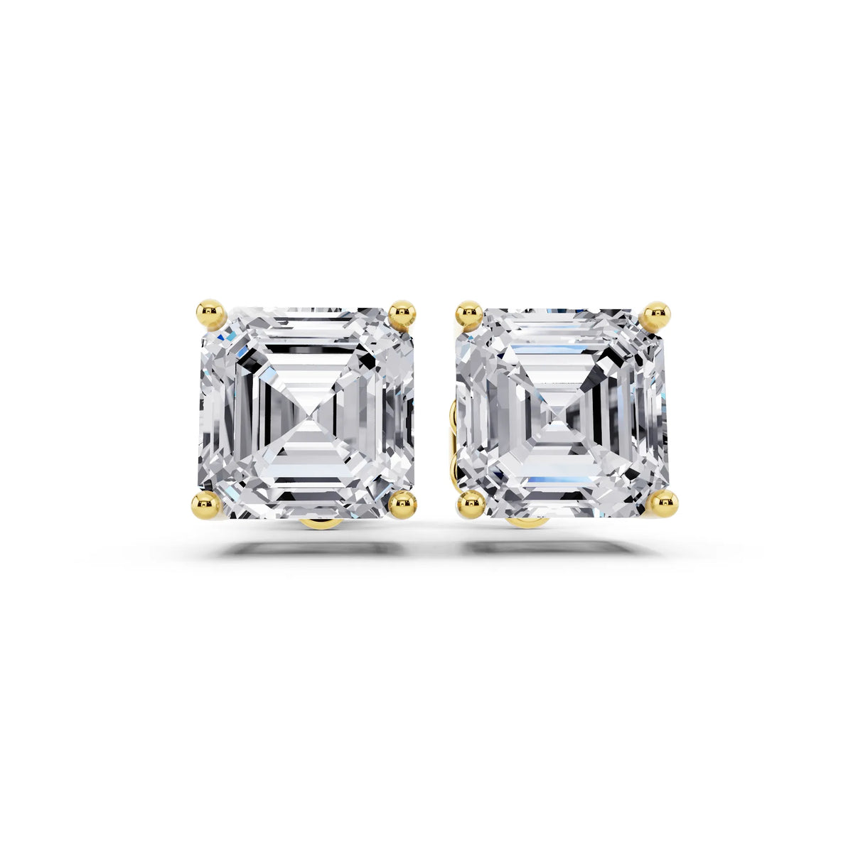 Yellow Gold 4 Prong Asscher Lab Grown Diamond Stud Earrings, front view