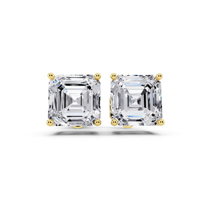 Yellow Gold 4 Prong Asscher Lab Grown Diamond Stud Earrings, front view