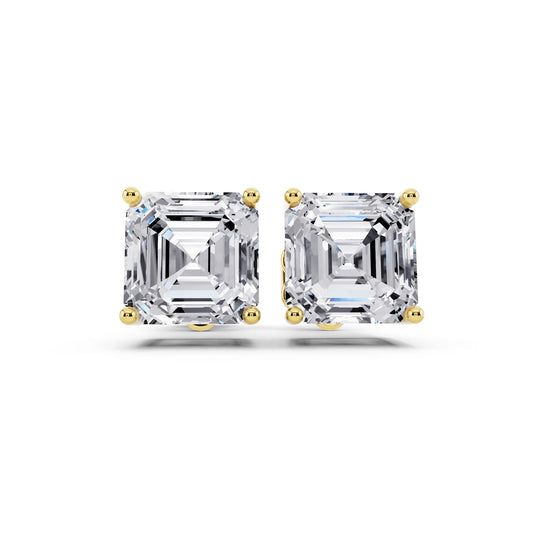 Yellow Gold 4 Prong Asscher Lab Grown Diamond Stud Earrings, front view