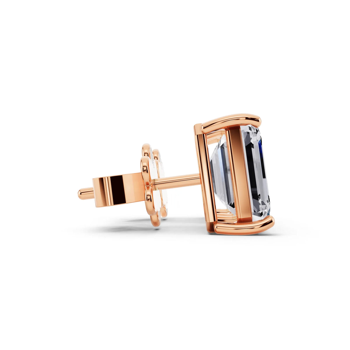 Rose Gold 4 Prong Emerald Lab Grown Diamond Stud Earrings, side view