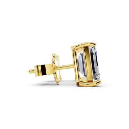 Yellow Gold 4 Prong Emerald Lab Grown Diamond Stud Earrings, side view