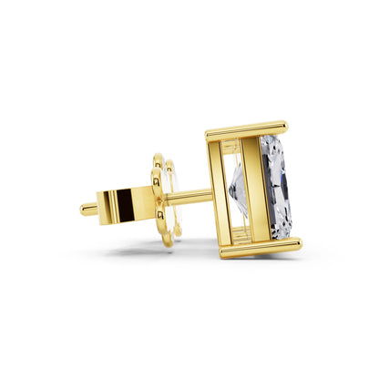 Yellow Gold 4 Prong Radiant Lab Grown Diamond Stud Earrings, side view