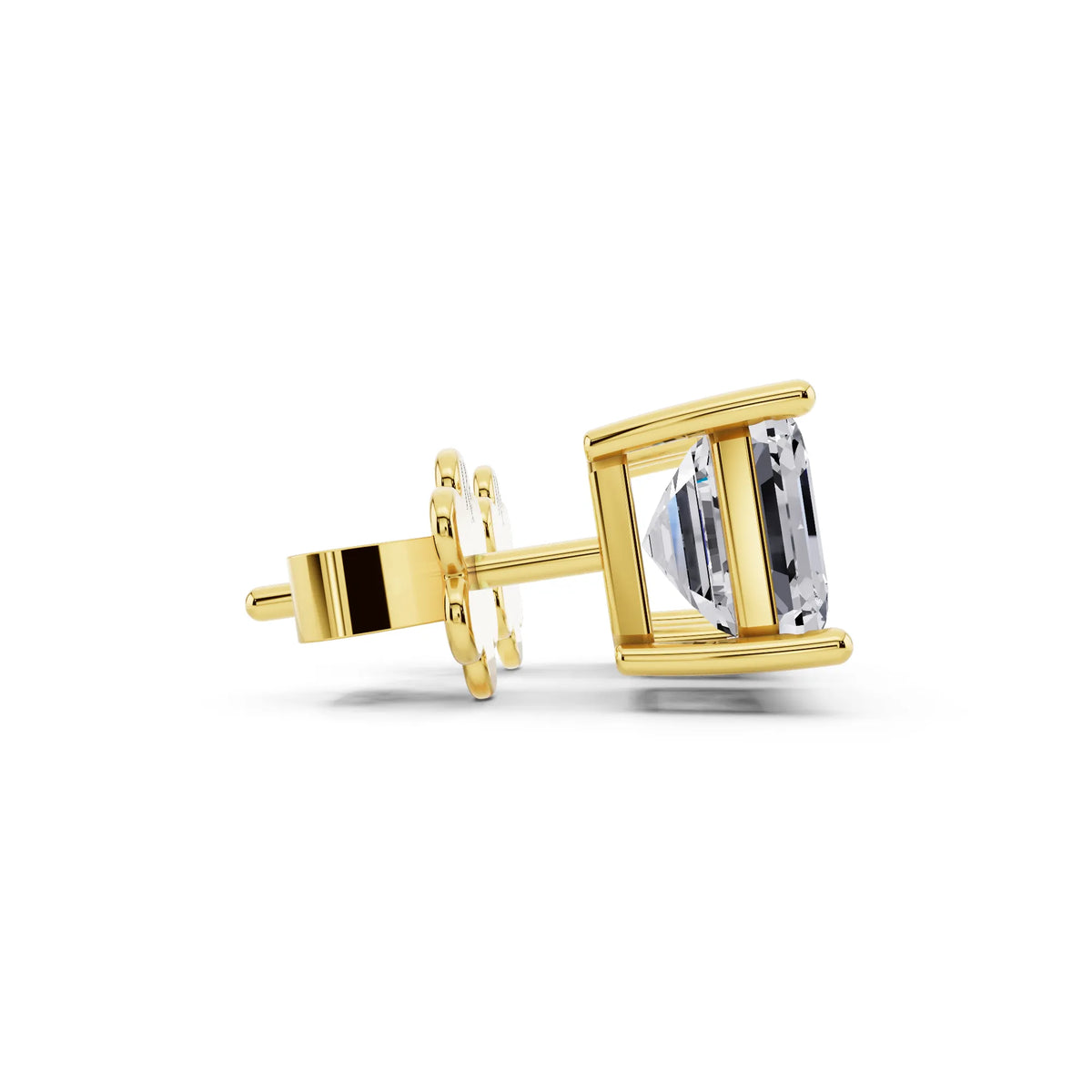 Yellow Gold 4 Prong Asscher Lab Grown Diamond Stud Earrings, side view