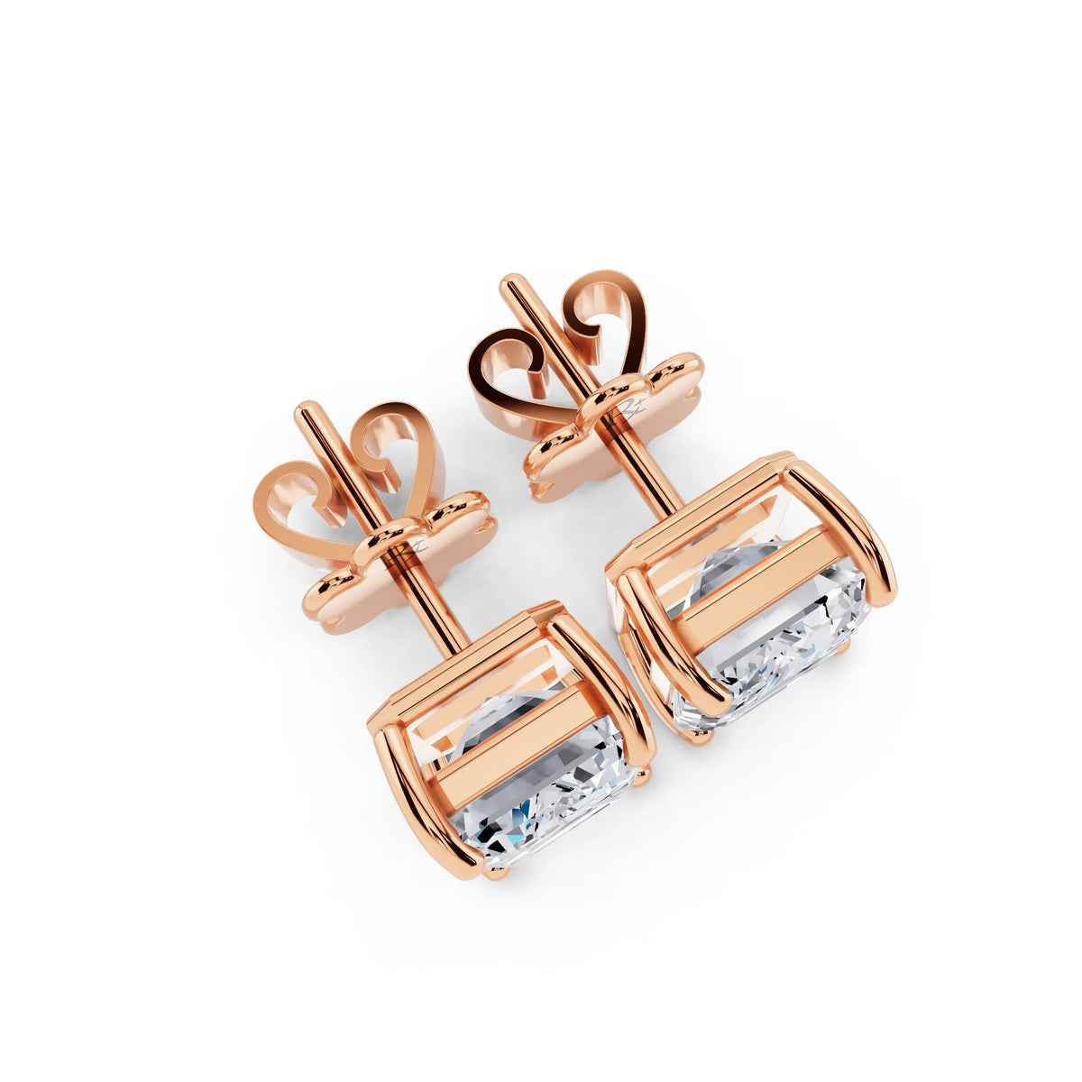 Rose Gold 4 Prong Emerald Lab Grown Diamond Stud Earrings, top view