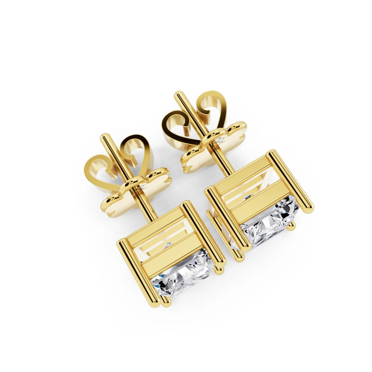 Yellow Gold 4 Prong Radiant Lab Grown Diamond Stud Earrings, top view